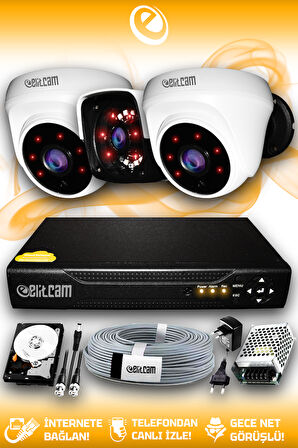 ELITCAM 3 Kameralı Panda 2 İç Kamera Set 250 GB HDD Full HD Gece Görüşlü Güvenlik Kamerası Sistemi