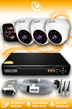 ELITCAM 4 Kameralı Panda 3 İç Kamera Set HDD'siz Full HD Gece Görüşlü Güvenlik Kamerası Sistemi