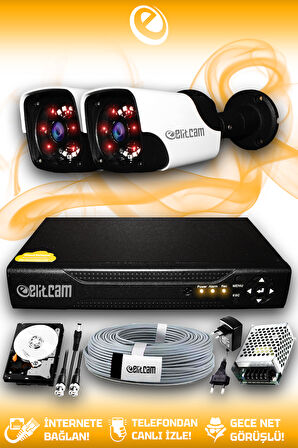 ELITCAM 2 Kameralı Panda 2 Dış Kamera Set 2 TB HDD Full HD Gece Görüşlü Güvenlik Kamerası Sistemi