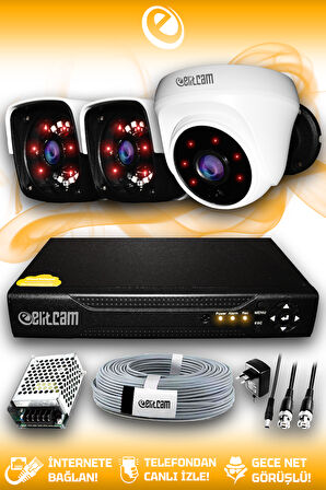 ELITCAM 3 Kameralı Panda 1 İç Kamera Set HDD'siz Full HD Gece Görüşlü Güvenlik Kamerası Sistemi