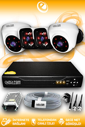 ELITCAM 4 Kameralı Panda 2 İç Kamera Set HDD'siz Full HD Gece Görüşlü Güvenlik Kamerası Sistemi