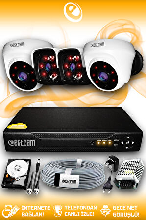 ELITCAM 4 Kameralı Panda 2 İç Kamera Set 500 GB HDD Full HD Gece Görüşlü Güvenlik Kamerası Sistemi