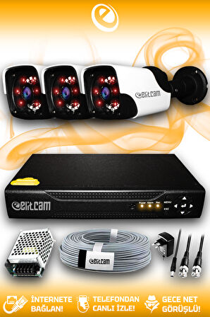 ELITCAM 3 Kameralı Panda 3 Dış Kamera Set HDD'siz Full HD Gece Görüşlü Güvenlik Kamerası Sistemi