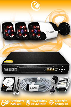 ELITCAM 3 Kameralı Panda 3 Dış Kamera Set 100 GB HDD Full HD Gece Görüşlü Güvenlik Kamerası Sistemi