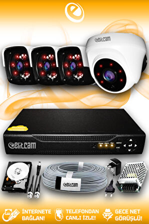 ELITCAM 4 Kameralı Panda 1 İç Kamera Set 100 GB HDD Full HD Gece Görüşlü Güvenlik Kamerası Sistemi