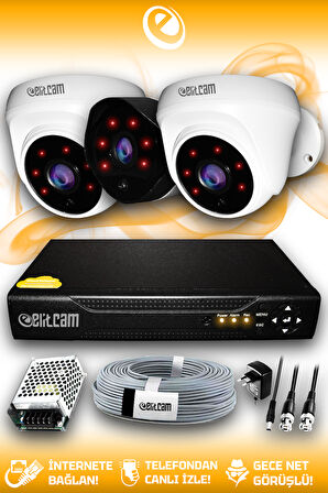 ELITCAM 3 Kameralı Uzay 2 İç Kamera Set HDD'siz Full HD Gece Görüşlü Güvenlik Kamerası Sistemi