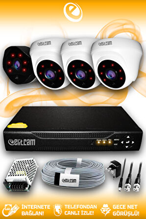 ELITCAM 4 Kameralı Uzay 3 İç Kamera Set HDD'siz Full HD Gece Görüşlü Güvenlik Kamerası Sistemi