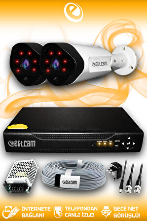ELITCAM 2 Kameralı Uzay 2 Dış Kamera Set HDD'siz Full HD Gece Görüşlü Güvenlik Kamerası Sistemi