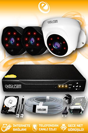 ELITCAM 3 Kameralı Uzay 1 İç Kamera Set 100 GB HDD Full HD Gece Görüşlü Güvenlik Kamerası Sistemi