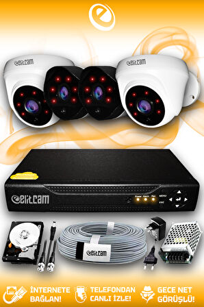 ELITCAM 4 Kameralı Uzay 2 İç Kamera Set 100 GB HDD Full HD Gece Görüşlü Güvenlik Kamerası Sistemi