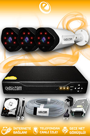 ELITCAM 3 Kameralı Uzay 3 Dış Kamera Set 1 TB HDD Full HD Gece Görüşlü Güvenlik Kamerası Sistemi