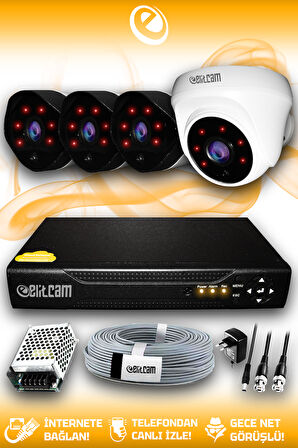 ELITCAM 4 Kameralı Uzay 1 İç Kamera Set HDD'siz Full HD Gece Görüşlü Güvenlik Kamerası Sistemi