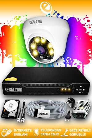 ELITCAM 1 Kameralı Dome 1 İç Kamera Set 1 TB HDD Full HD Renkli Gece Görüşlü Güvenlik Kamerası Sistemi