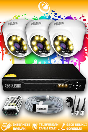 ELITCAM 3 Kameralı Dome 3 İç Kamera Set HDD'siz Full HD Renkli Gece Görüşlü Güvenlik Kamerası Sistemi