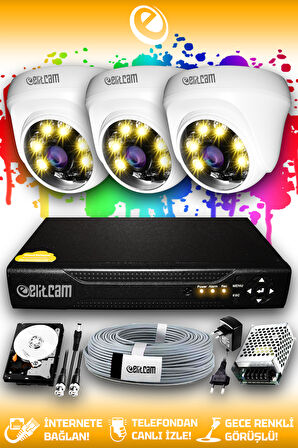 ELITCAM 3 Kameralı Dome 3 İç Kamera Set 320 GB HDD Full HD Renkli Gece Görüşlü Güvenlik Kamerası Sistemi