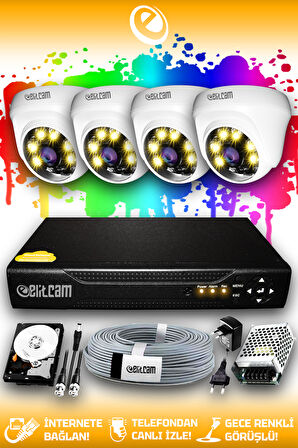 ELITCAM 4 Kameralı Dome 4 İç Kamera Set 320 GB HDD Full HD Renkli Gece Görüşlü Güvenlik Kamerası Sistemi