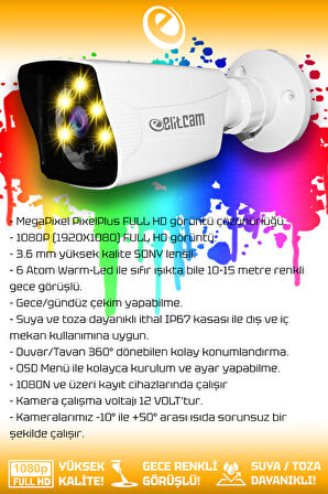 ELITCAM 2 Kameralı Kare 1 İç Kamera Set 320 GB HDD Full HD Renkli Gece Görüşlü Güvenlik Kamerası Sistemi