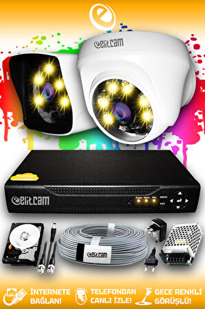 ELITCAM 2 Kameralı Kare 1 İç Kamera Set 1 TB HDD Full HD Renkli Gece Görüşlü Güvenlik Kamerası Sistemi