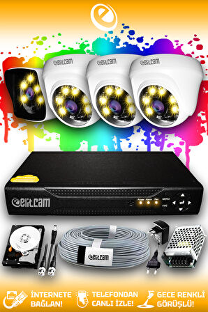 ELITCAM 4 Kameralı Kare 3 İç Kamera Set 1 TB HDD Full HD Renkli Gece Görüşlü Güvenlik Kamerası Sistemi