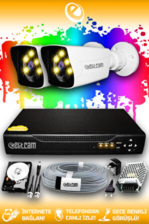 ELITCAM 2 Kameralı Kare 2 Dış Kamera Set 2 TB HDD Full HD Renkli Gece Görüşlü Güvenlik Kamerası Sistemi