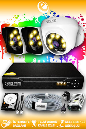 ELITCAM 3 Kameralı Kare 1 İç Kamera Set 100 GB HDD Full HD Renkli Gece Görüşlü Güvenlik Kamerası Sistemi