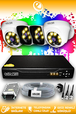 ELITCAM 4 Kameralı Kare 2 İç Kamera Set HDD'siz Full HD Renkli Gece Görüşlü Güvenlik Kamerası Sistemi