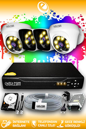 ELITCAM 4 Kameralı Kare 2 İç Kamera Set 1 TB HDD Full HD Renkli Gece Görüşlü Güvenlik Kamerası Sistemi