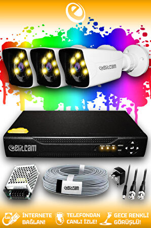 ELITCAM 3 Kameralı Kare 3 Dış Kamera Set HDD'siz Full HD Renkli Gece Görüşlü Güvenlik Kamerası Sistemi