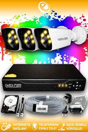 ELITCAM 3 Kameralı Kare 3 Dış Kamera Set 100 GB HDD Full HD Renkli Gece Görüşlü Güvenlik Kamerası Sistemi