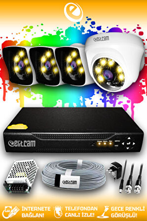 ELITCAM 4 Kameralı Kare 1 İç Kamera Set HDD'siz Full HD Renkli Gece Görüşlü Güvenlik Kamerası Sistemi