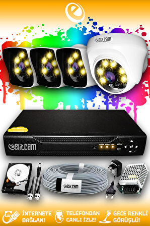 ELITCAM 4 Kameralı Kare 1 İç Kamera Set 100 GB HDD Full HD Renkli Gece Görüşlü Güvenlik Kamerası Sistemi