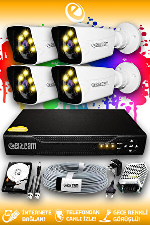 ELITCAM 4 Kameralı Kare 4 Dış Kamera Set 250 GB HDD Full HD Renkli Gece Görüşlü Güvenlik Kamerası Sistemi