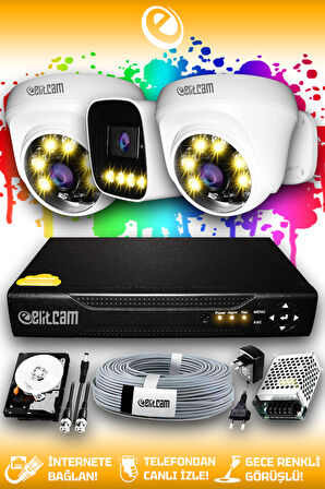 ELITCAM 3 Kameralı Zebra 2 İç Kamera Set 2 TB HDD Full HD Renkli Gece Görüşlü Güvenlik Kamerası Sistemi