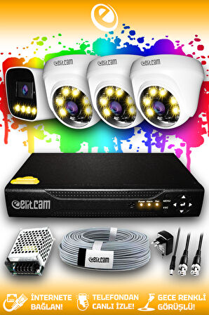 ELITCAM 4 Kameralı Zebra 3 İç Kamera Set HDD'siz Full HD Renkli Gece Görüşlü Güvenlik Kamerası Sistemi