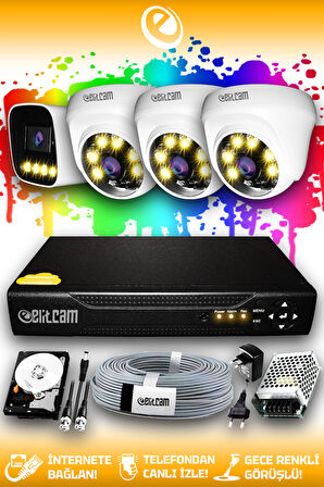 ELITCAM 4 Kameralı Zebra 3 İç Kamera Set 1 TB HDD Full HD Renkli Gece Görüşlü Güvenlik Kamerası Sistemi