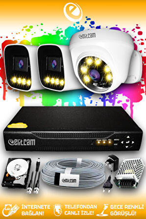 ELITCAM 3 Kameralı Zebra 1 İç Kamera Set 1 TB HDD Full HD Renkli Gece Görüşlü Güvenlik Kamerası Sistemi
