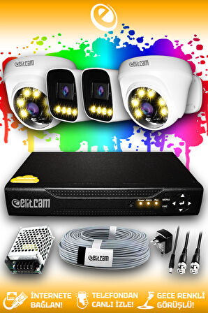 ELITCAM 4 Kameralı Zebra 2 İç Kamera Set HDD'siz Full HD Renkli Gece Görüşlü Güvenlik Kamerası Sistemi