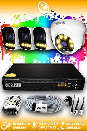 ELITCAM 4 Kameralı Zebra 1 İç Kamera Set HDD'siz Full HD Renkli Gece Görüşlü Güvenlik Kamerası Sistemi