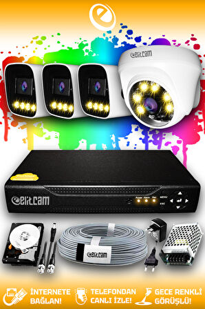 ELITCAM 4 Kameralı Zebra 1 İç Kamera Set 100 GB HDD Full HD Renkli Gece Görüşlü Güvenlik Kamerası Sistemi