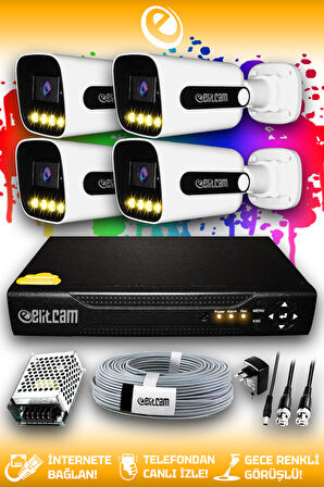 ELITCAM 4 Kameralı Zebra 4 Dış Kamera Set HDD'siz Full HD Renkli Gece Görüşlü Güvenlik Kamerası Sistemi