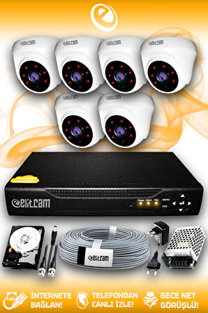 ELITCAM 6 Kameralı Dome 6 İç Kamera Set 500 GB HDD Full HD Gece Görüşlü Güvenlik Kamerası Sistemi