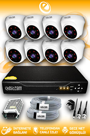 ELITCAM 8 Kameralı Dome 8 İç Kamera Set HDD'siz Full HD Gece Görüşlü Güvenlik Kamerası Sistemi