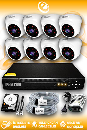 ELITCAM 8 Kameralı Dome 8 İç Kamera Set 2 TB HDD Full HD Gece Görüşlü Güvenlik Kamerası Sistemi