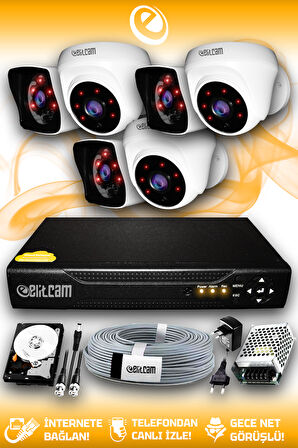 ELITCAM 6 Kameralı Kare 3 İç Kamera Set 500 GB HDD Full HD Gece Görüşlü Güvenlik Kamerası Sistemi