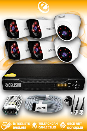 ELITCAM 6 Kameralı Kare 2 İç Kamera Set HDD'siz Full HD Gece Görüşlü Güvenlik Kamerası Sistemi