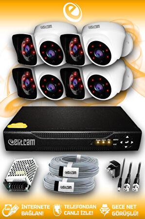 ELITCAM 8 Kameralı Kare 4 İç Kamera Set HDD'siz Full HD Gece Görüşlü Güvenlik Kamerası Sistemi
