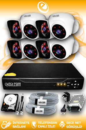 ELITCAM 8 Kameralı Kare 4 İç Kamera Set 250 GB HDD Full HD Gece Görüşlü Güvenlik Kamerası Sistemi