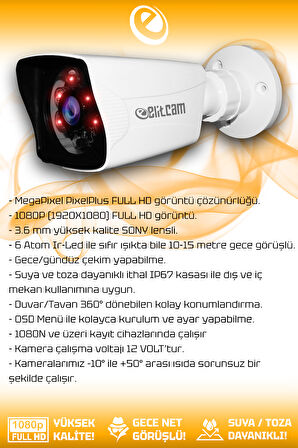 ELITCAM 6 Kameralı Kare 6 Dış Kamera Set 250 GB HDD Full HD Gece Görüşlü Güvenlik Kamerası Sistemi