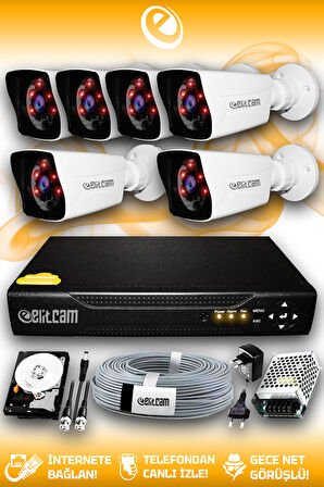 ELITCAM 6 Kameralı Kare 6 Dış Kamera Set 500 GB HDD Full HD Gece Görüşlü Güvenlik Kamerası Sistemi