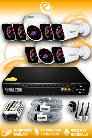 ELITCAM 8 Kameralı Kare 2 İç Kamera Set HDD'siz Full HD Gece Görüşlü Güvenlik Kamerası Sistemi